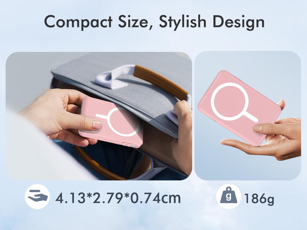 Podoru Multifunctional 10000mAh Power Bank, Wireless Magnetic Travel Charger Built-in USB C Lighting Cable, MagSafe for iPhone 17/16/15/14/13/12 Series