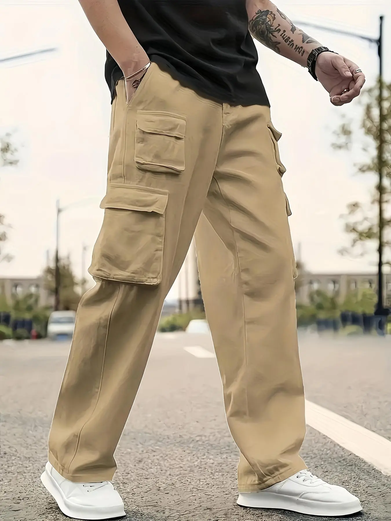 Men's 5-Pack Plain Long Ankle-Length Cargo Pants, Mid Waist, Multi-Pocket, Loose Straight-Leg, All-Season Dry Clean Hiking/Light Outdoor Beige Pants