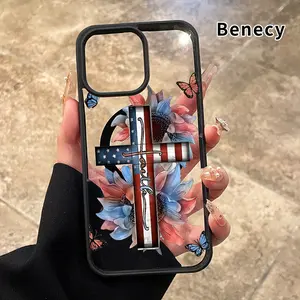 Magnetic Phone Case Supports Wireless Charging for iPhone 15 16 14 Pro Max 13 12 11 XR XS Plus E Faithful American Cross Pattern Non-Yellowing Silicone Transparent Acrylic Drop Protective Cover