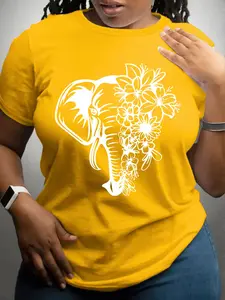 【Plus Size】 Floral Elephant Print Round Neck Tee, Fashion Casual Crew Neck Short Sleeve T-Shirt for Daily Outdoor Wear, Women Plus Clothing for All Seasons, Top
