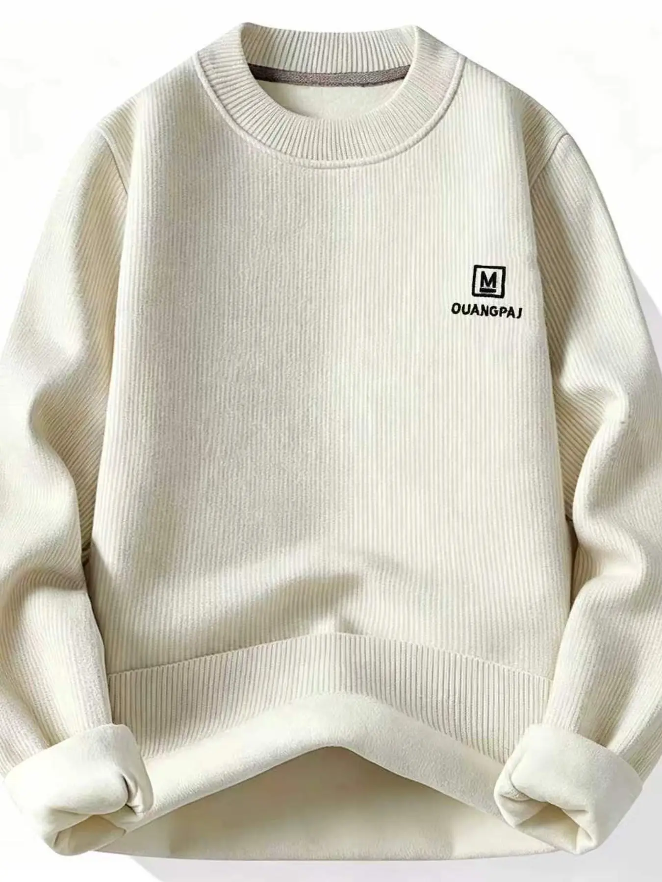 Men's Fleece Lined Round Neck Sweater, Thick Warm Knit Top, Embroidered Crewneck Pullover, Casual Fall Winter Wear, Essential Daily