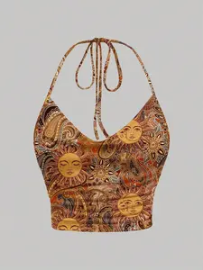 SlaySleep x MOD Casual Minimalist Tie Neck Loose Fit Top, Gold Sun Paisley Pattern, Bohemian, Boho Chic, Versatile, Retro, Fall Wear Suitable For Going Out Halter Top Women Summer Tops Hippie Top Bandana Top Paisley Print Top