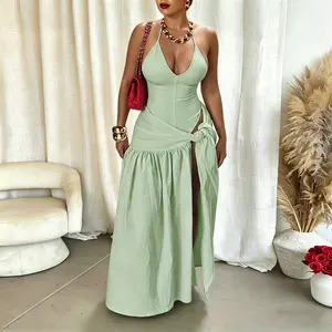 Kafiloe Womens Summer 2 Piece Maxi Skirt Sets Sexy Halter V Neck Backless Thong Bodysuits Wrap Beach Cover Ups Vacation Outfits Stretchy Material 95% Polyester 5% Spandex - Top
