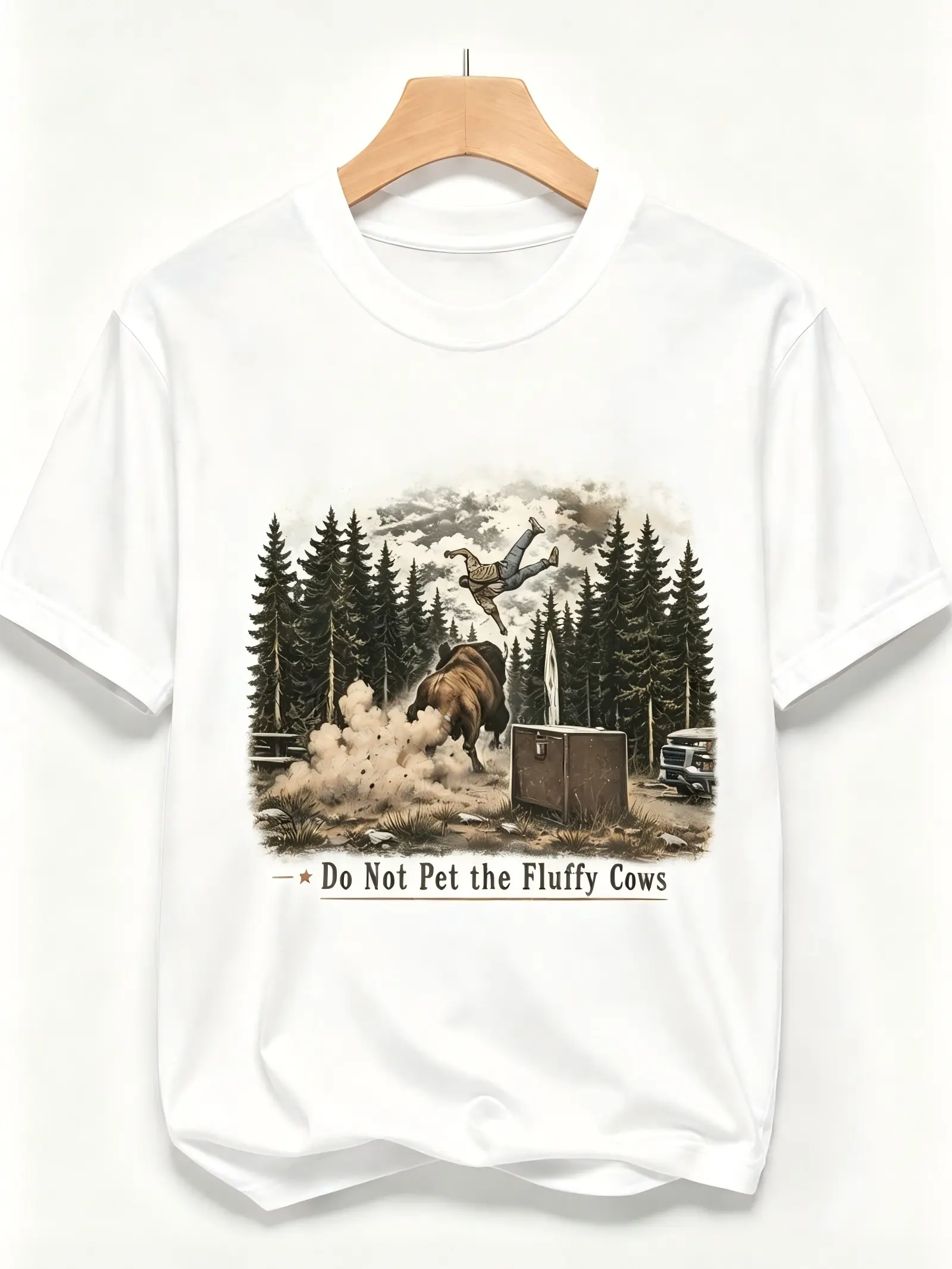 Unisex 100% Cotton Do Not Pet the Fluffy Cows Graphic T-Shirt, Vintage Forest Bison Retro Crewneck Short Sleeve Tee, Soft Pure Cotton Loose Fit Top, Funny Warning Meme Shirt for Daily Wear Road Trip Camping Vacation, Basic T-Shirt for Men Women