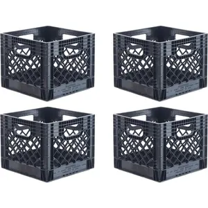 13 x 13 x 11" (16 Quart, 4 Pack) Mesh Commercial Grade Milk Crate Handled Storage Container Tote, Black