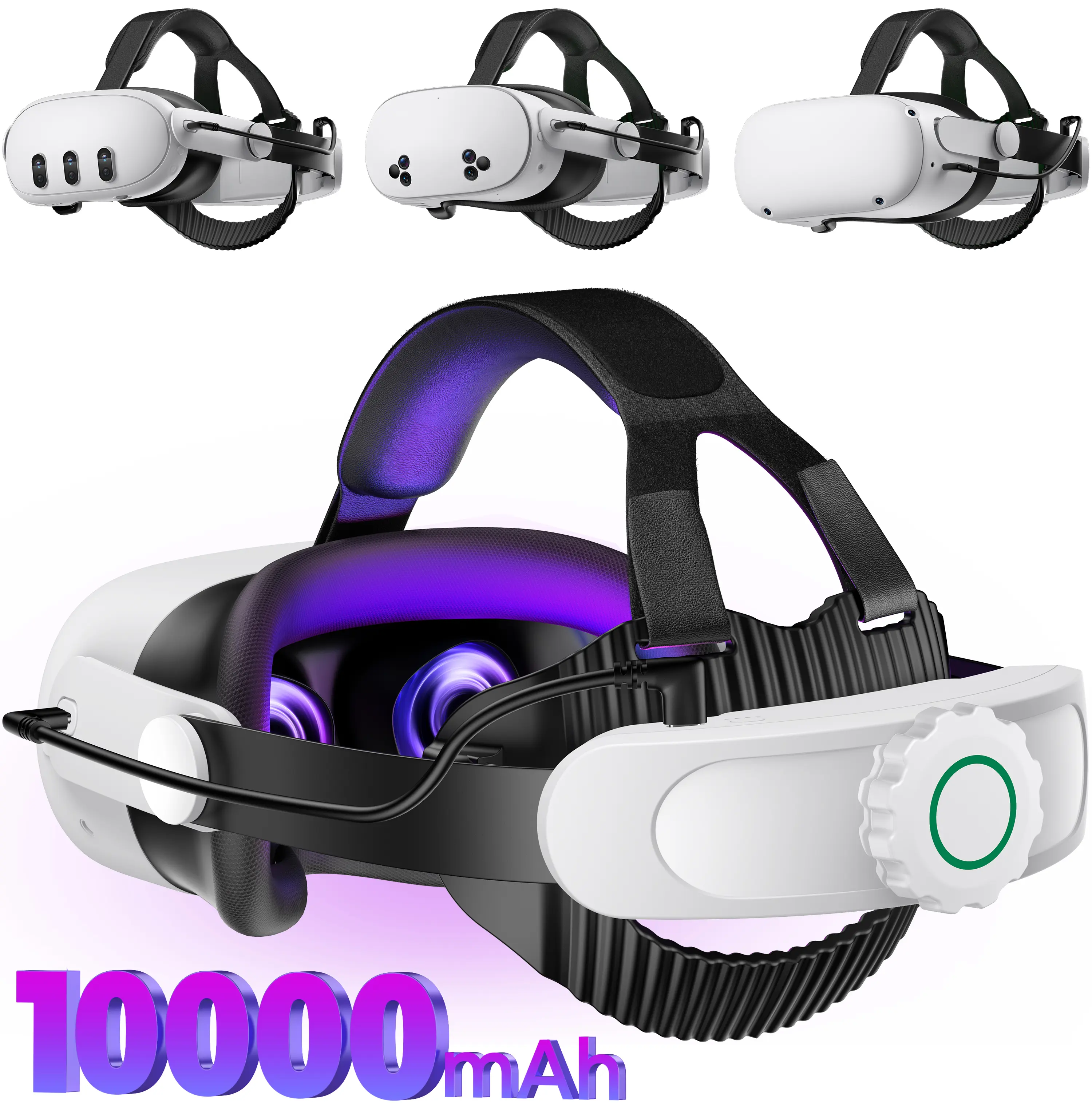Adjustable Wearable Plastic Battery Head Strap for Meta Quest 3/Quest 2 Oculus VR Headsets, Plug-In Accessory with 10000mAh Rechargeable Battery Pack, Universal Buckle, Soft Fabric Hugs Your Head, Slow-Return Cushioning Eases Pressure