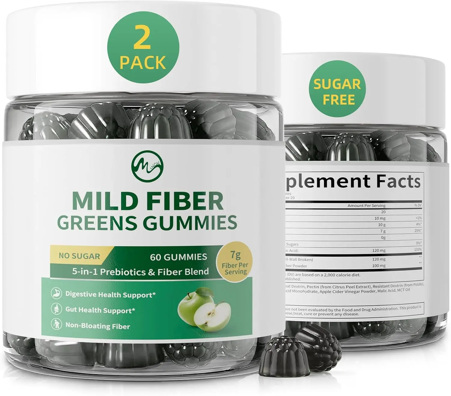 Fiber Gummies for Adults Women Men Sugar Free, Support Digestive 2 Pack | Fiber Supplement 7g, High Fiber Per Serving, Daily & Soluble, Apple Flavor, Vegan, Non GMO