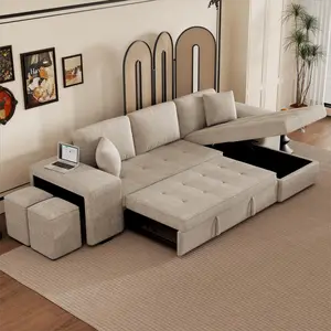 [Bellemave] 104.5" Modern L-Shape 3 Seat Reversible Sectional Couch, Pull Out Sleeper Sofa with Storage Chaise and 2 Stools for Living Room Furniture Set