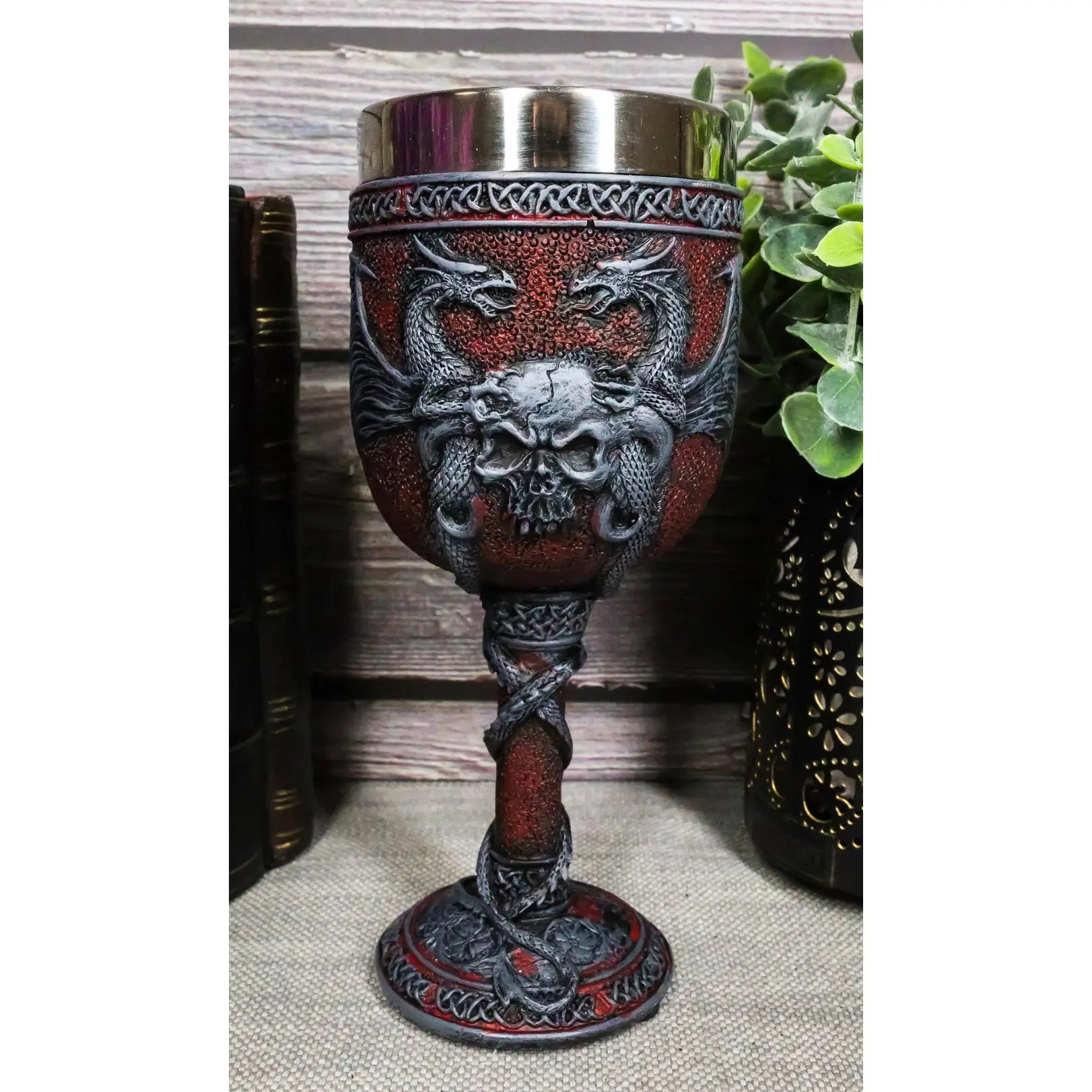 6oz Vintage Dual Dragons Skull Ossuary Goblet - Glossy Polished Hand-painted Medieval Look Kitchenware Drinkware, Hand Wash Safe for Wine Drinking