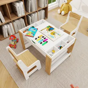 Kids 2 in 1 Play Table & 2 Chairs Set,with 7 Storage Compartments,Compatible with LEGO Building Block,Modern Activity Learning Table Game Furniture-White
