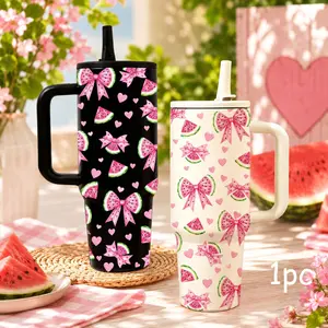 1pc 40oz Watermelon Bow Hearts Insulated Tumbler With Handle And Lid, Cute Pink Double Wall Vacuum Cup, Leak Proof Thermal Mug For Hot Cold Drinks, Large Capacity Travel Cup, Summer Gift For Women, Birthday, Holiday, Office, Gym, Car Use