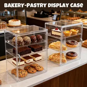 4 Layer Stackable Acrylic Storage Container with Magnetic Door, Large Countertop Bread Bin for Cupcakes, Cookies, and Baked Goods, Transparent Display Case for Kitchen and Pantry, Stackable Storage Containers
