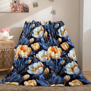 1 Pcs Vintage Style Tulip Flannel Blanket, Oil Painting Floral Print Cover Blanket, Microfiber Skin-Friendly Warm, Breathable And Non-Linting, Suitable For Light Luxury Bedroom, B&B Soft Furnishings, Living Room Sofa Nap Leisure
