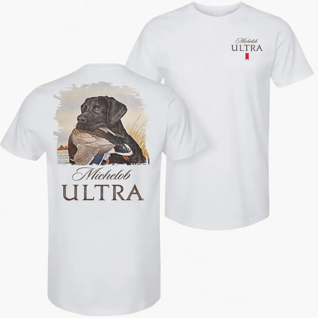 Women's Michelob Ultra Mallard and Dog 2-Sided Short Sleeve T-Shirt - Unisex Soft Cotton Graphic Round Neck Casual Top, Shortsleeve, Streetwear