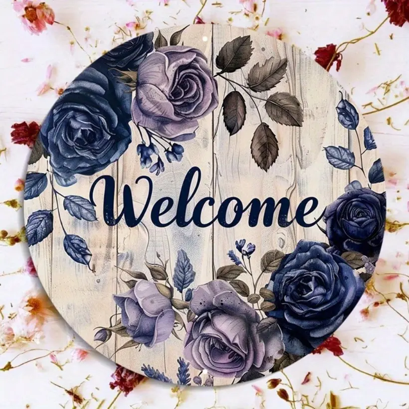 Tin Welcome Sign Wall Decor Round 8x8 Inch Rustic Aluminum Floral Wreath with Navy Blue Roses Weather Resistant HD Print for Home Indoor Outdoor Decoration