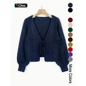 Women's Solid Drop Shoulder Tie Front Blue Cardigan, Comfort Basic Minimalist Fashion Casual Long Sleeve V Neck Knitwear for Fall & Winter, Lady Knitting Fabric  Tops, Women Clothing for Daily Outdoor Wear, WomenswearGift