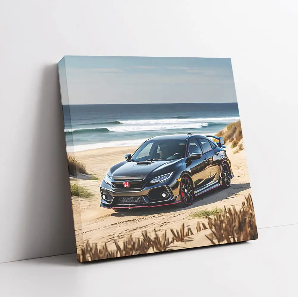 Honda Civic Type R Black On Beach Car Canvas Bedroom Posters Framed & Gift For Men
