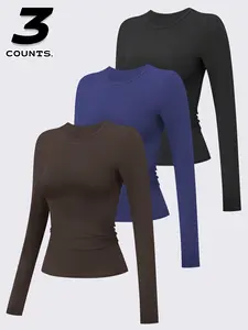 3 pcs Women's Compression Training Long Sleeve Shirts, Fitted Round Neck Yoga Tops, Moisture-Wicking Sportswear for All Seasons, Compression Activewear