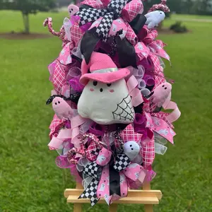 Halloween Ghost Door Wreath with Pink and Black Checkered Bow and Cute Ghost Decorations
