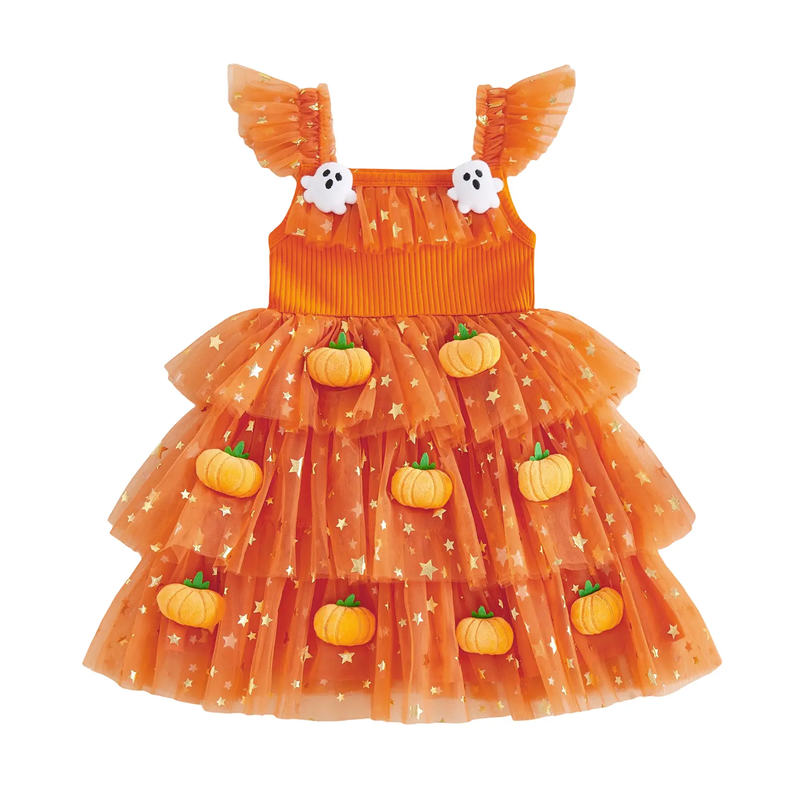 PYBCVRRD Kids Toddler Baby Little Girl Halloween Dress Flying Sleeve 3D Stuffed Pumpkin/Ghost Decor A Line Tiered Tulle Dress Princess Party Sundress Costume
