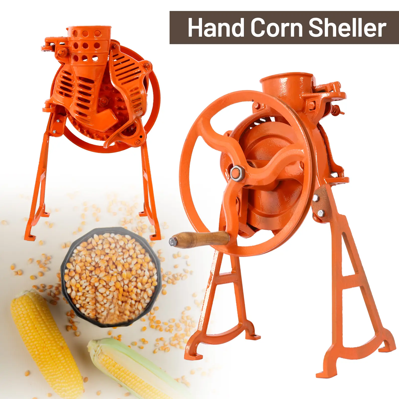 Manual Cast Iron Corn Sheller, Heavy-Duty Farm Hand Tool with Efficient Wooden Handle