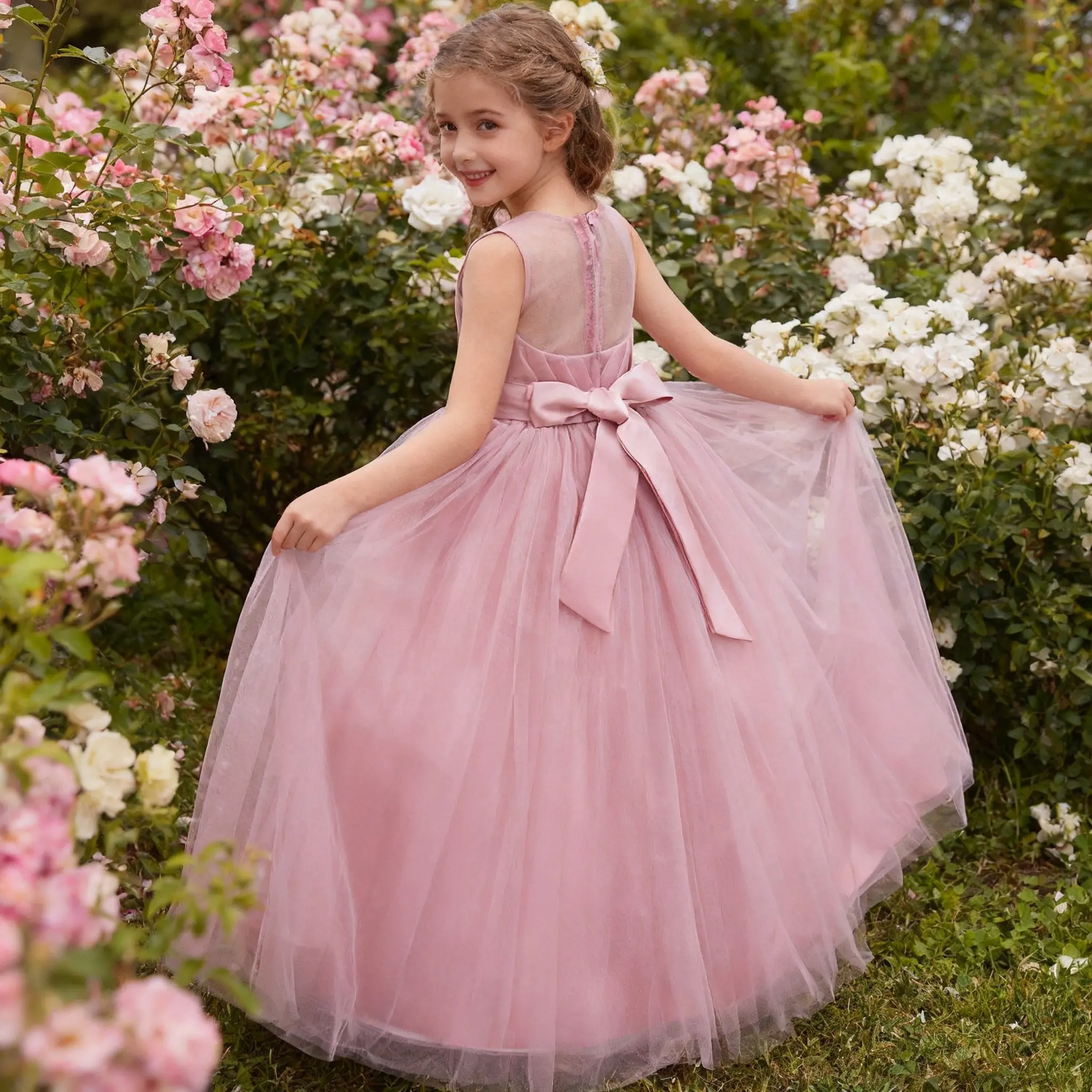 Girls' Dusty Pink Tulle Princess Gown with Fluffy Skirt, Sheer Back & Satin Bow - Sleeveless Crew Neck Formal Wear for Wedding, Pageant, Birthday, Plain, Soft Tulle, Sweet Look, Maxi Length, Piano Recital, All Seasons