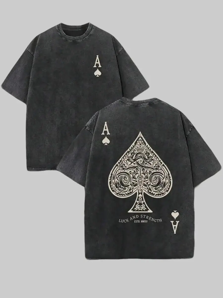 [BT] unisex Retro Washed T-Shirt Double Sided Printed (230 Pure Cotton T-Shirt) 'LUCK AND STRENGTH'  Letter And Ace Of Spades Pattern Print, Men's T-Shirt, Men's Casual, Comfortable, Fashionable street t-shirt