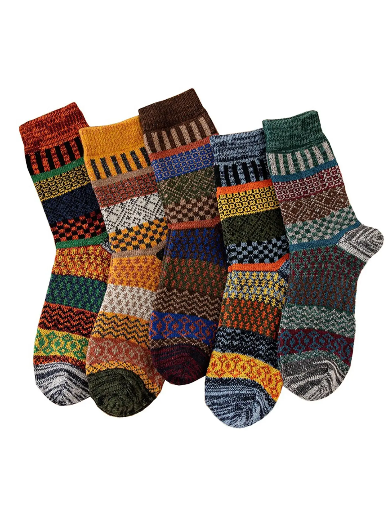 Men's 5 Pairs Vintage Warm Ethnic Pattern Crew Socks, Casual Soft Comfortable Breathable Mid-calf Socks For Daily Wear, Men's Casual Stylish Socks & H