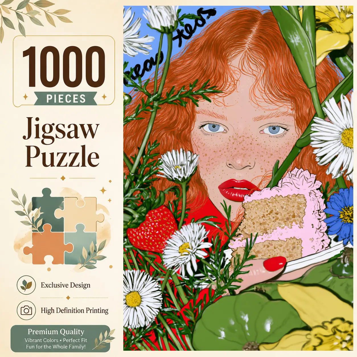 Red Hair Woman Floral Cake 1000 Pieces Jigsaw Puzzle, Colorful Botanical Portrait Puzzle for Adults, Challenging Brain Exercise for Family Game Night, Stress Relief Relaxation Wall Decor and Gift for Women and Seniors, 19.7x29.5inch(50x75cm)