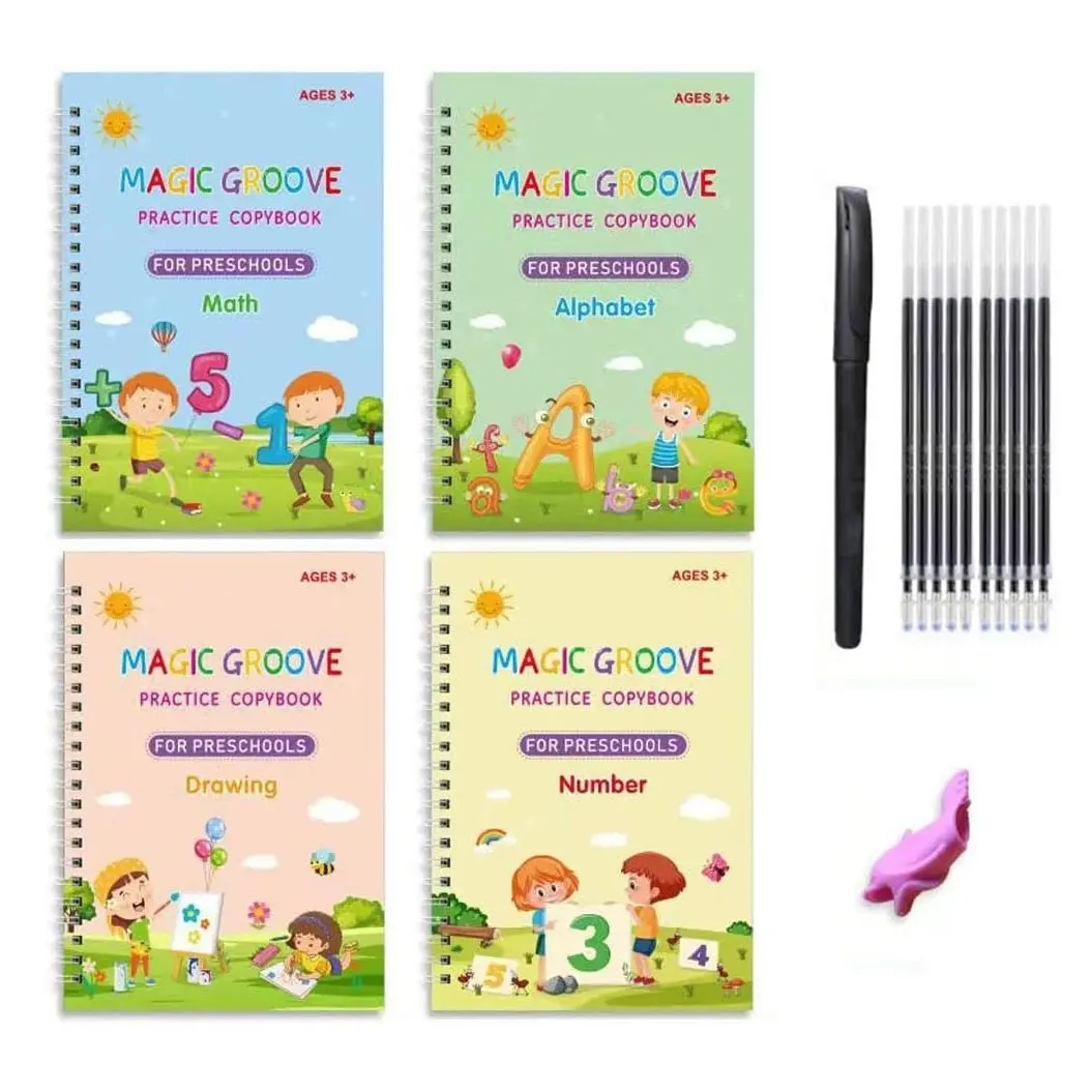 Groove Calligraphy Practice Workbook Refill Pack, Reusable Preschool Writing Book for Letters Numbers Coloring Math Skills, Ergonomic Pen Included, Reusable Workbooks, Learning Materials, School Supplies
