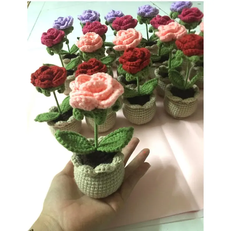 Crochet Rose in Pot, Knitted Daisy Amigurumi, Pink Flower Decor for Desktop, Table, Crochet Red Flower, Purple Flower