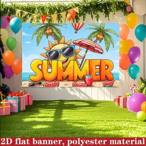 2D Flat 1PC Polyester Cartoon Summer Beach SUMMER Backdrop Banner, Sunglasses Sun Coconut Tree Watermelon Drink Vacation Photography Background, Indoor Outdoor Use, Ideal For Summer Theme Party, Pool Beach Event Decoration
