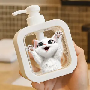 Creative Bathroom Dispenser with Hand Pump - Cute White Kitten Cartoon Design, Fluffy Animated Kitten Pattern, Soft Green Eyes & Pink Nose, Perfect for Soap, Lotion, Shampoo in Bathroom, Bedroom, Vanity