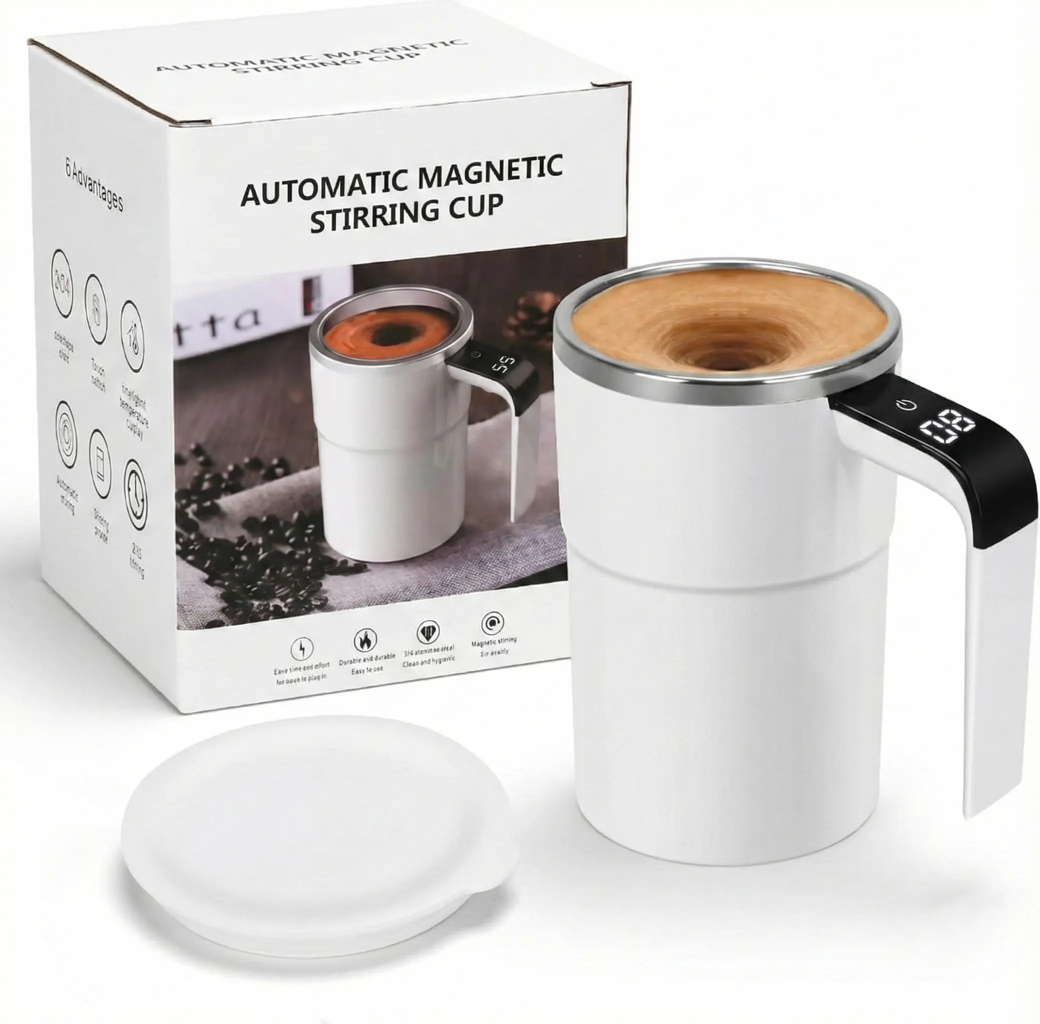 Auto-Stirring Tumbler 304 Steel – 1-Click Magnetic Mixing, Temp Display & Battery Screen, Spill-Proof Sliding Lid, USB Rechargeable, Fits Car Holder, No Heating, Reusable Kitchenware for Home/Office/Travel