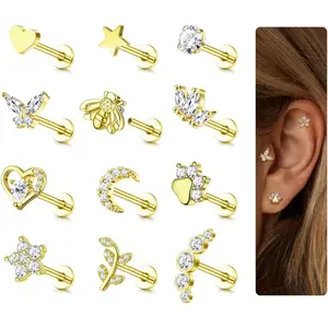 YADOCA 12Pcs 16G Tragus Earrings for Women Flat Back Cartilage Earring Stainless Steel Top Screw CZ Butterfly Bee Flower Moon Heart Flatback Stud Earrings Labret Conch Helix Cartilage Tragus Piercing Jewelry Set