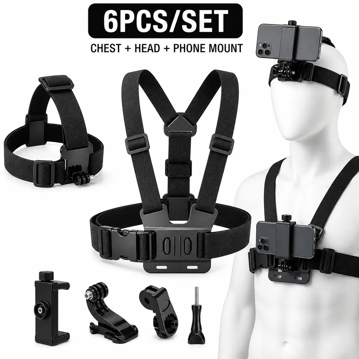 6Pcs Action Camera Mount Kit – Universal Chest & Head POV Mount for GoPro, DJI Osmo & Smartphones – Adjustable Hands-Free Accessories for Cycling, Hiking, Fishing & Gym