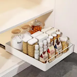 GARVEE Pull-out cabinet organizer, telescopic pull-out kitchen drawer, extendable sliding kitchen drawers for kitchen cabinet, drill-free, 35 cm W x 43 cm D x 7 cm H, white