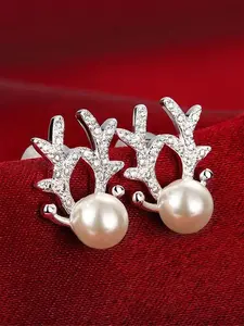 1 Pair Pretty Elk Cubic Zirconia & Faux Pearl Stud Earrings For Women For Christmas Day Jewelry Party Gift