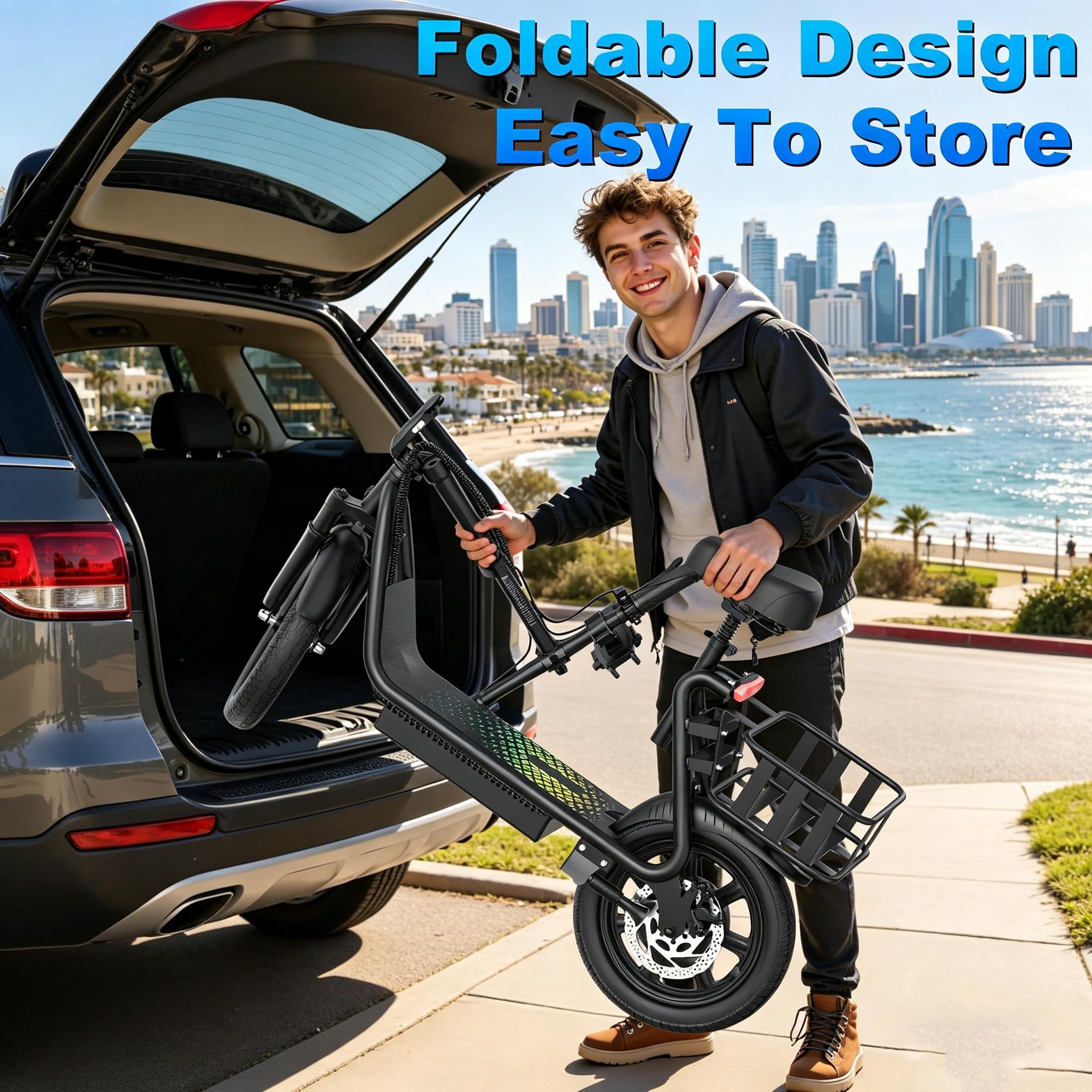 B Comfortable Seated Electric Scooter for Adults 48V 10.4Ah Battery Up to 22MPH Speed 21-27 Miles Range Pet-Friendly Design with Sturdy Rear Basket