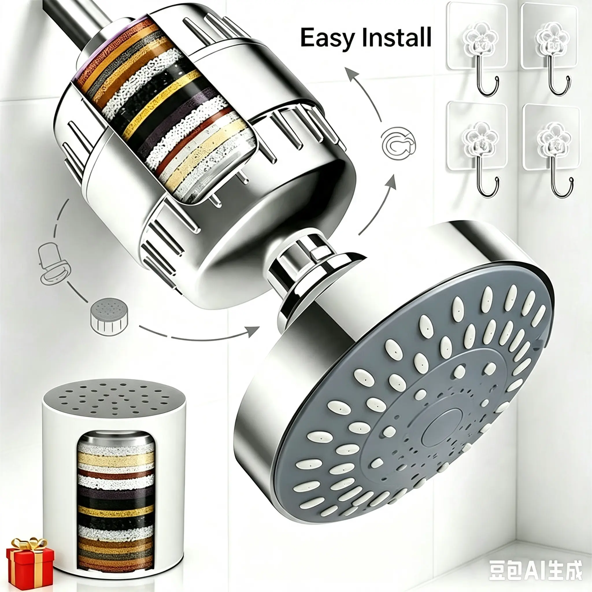 Rainfall Fixed Showerhead for Hard Water Environments - 6 in Filter-Type Design with Grade 15 System, 360-Degree Universal Rotation, 1 Replaceable Cartridge, 4 Complimentary Hooks, Included 15-Stage Water Softener