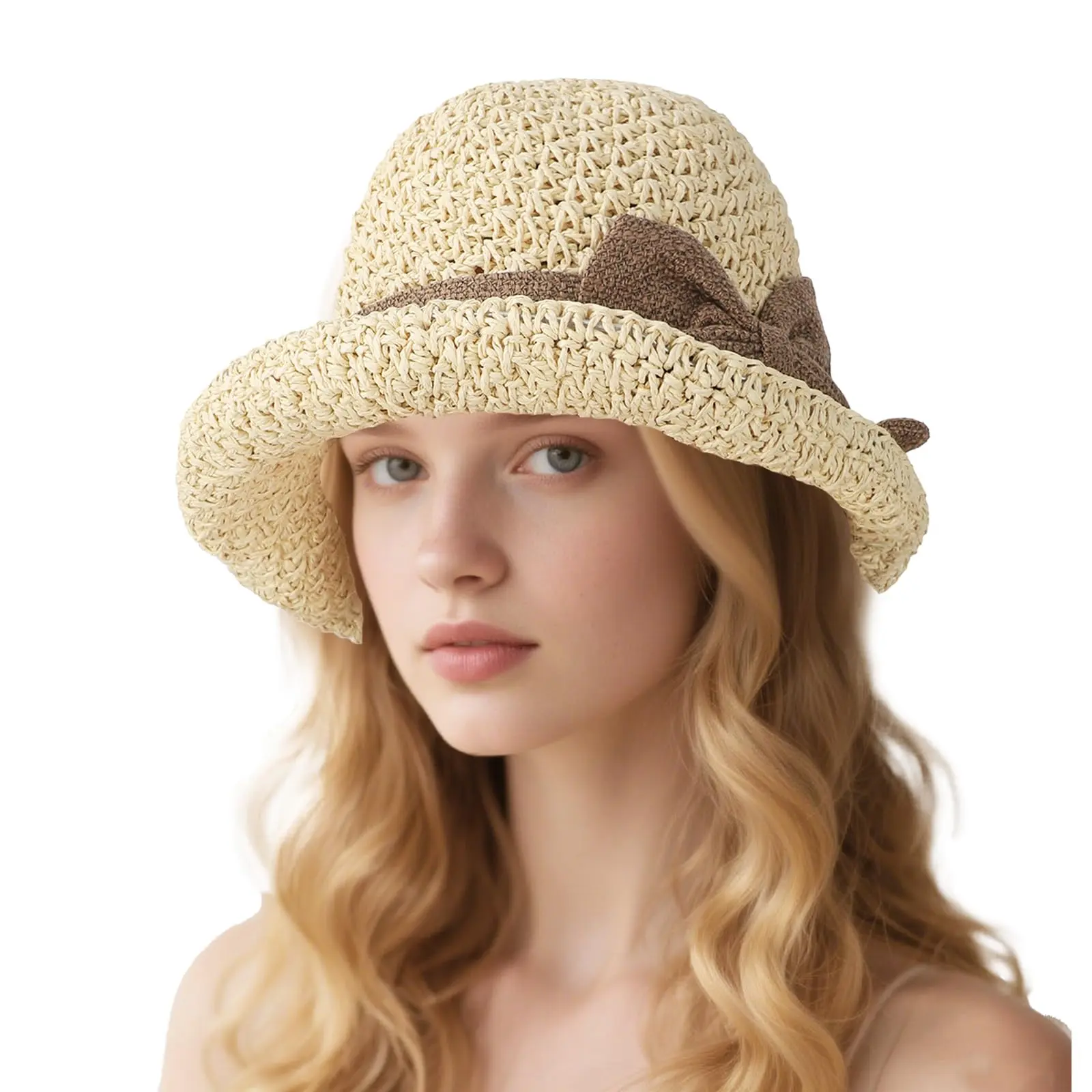 Versatile retro woven handmade straw hat with ruffled bow, elegant French sun hat, foldable, breathable travel beach hat.