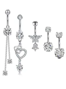 Boho Style Belly Rings for Women, Navel Piercing Jewelry, Stainless Steel Flower Design with Sparkling Cz, Non-Tarnish Hypoallergenic Jewelry for Parties & Beaches