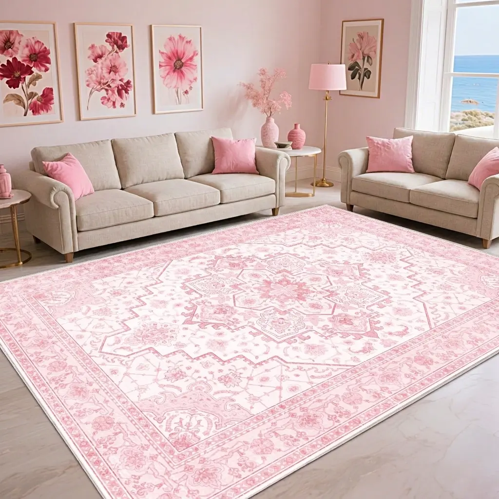 【Back to School】PLUMLIK Pink Bohemian Washable Rugs For Living Room, Soft Low Pile Rug Non Slip Decorative Rug For Bedroom, Performance Gift Rug Room Decor For Girls, Ideal For High Traffic Areas, Housewarming non-shedding boho large carpet rug