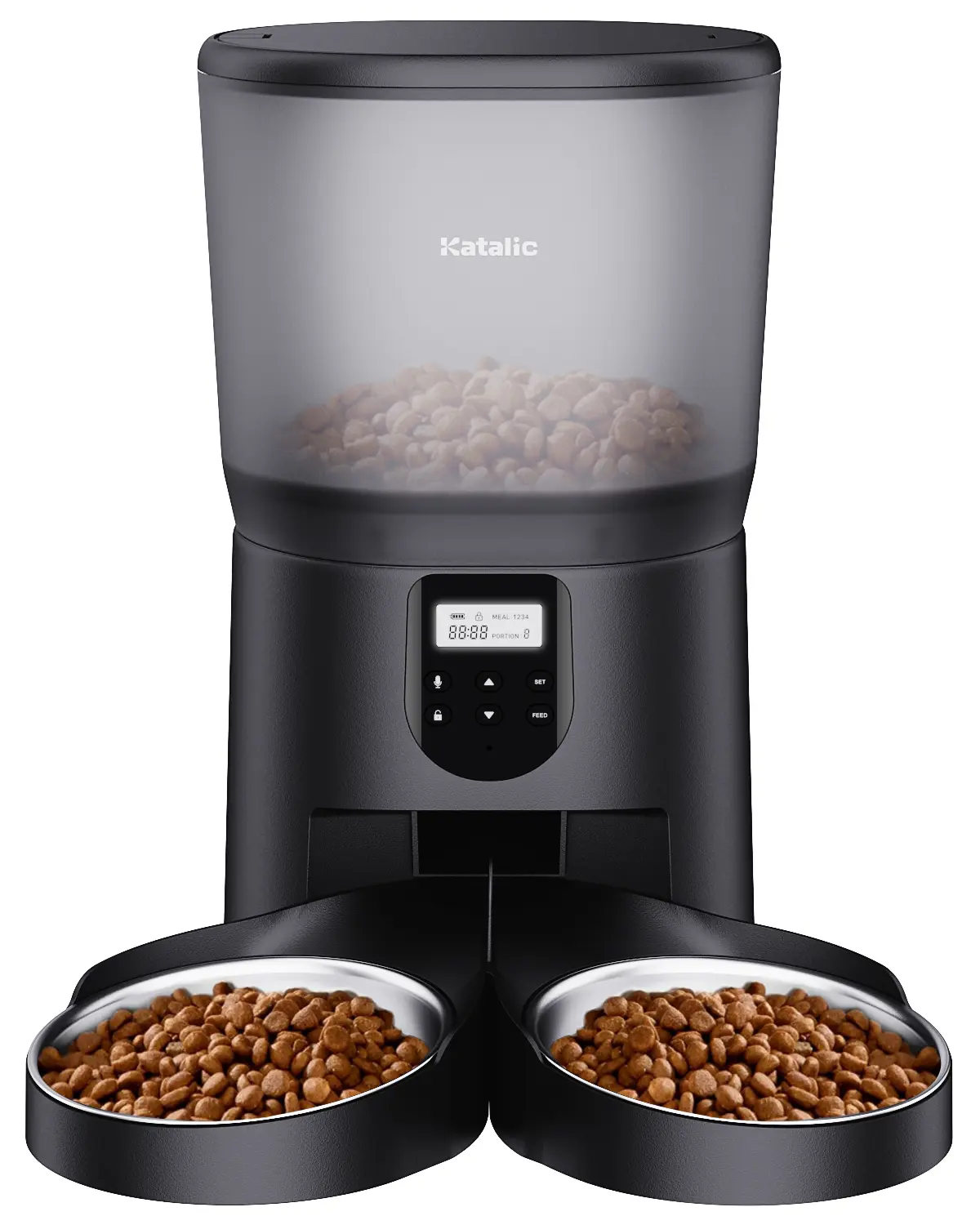2 cat automatic feeders, Katalic 6 liter/25.4 cup dual automatic cat food dispenser, with 2 stainless steel bowls, 10 second meal and timer settings, 20 servings, 4 meals per day, cat and dog pet feeder