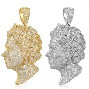 ⑥③SPACEICE Large Size 5.3''inches Iced Out Queen Regal Profile Pendant - Full CZ Zirconia Gold/White Gold Plated Hip Hop Statement Jewelry | Space Ice