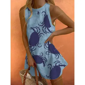 Sea Starshine Women's Spring And Autumn Fashionable Elegant Sexy Sleeveless Yellow Random Crab Pattern Dress