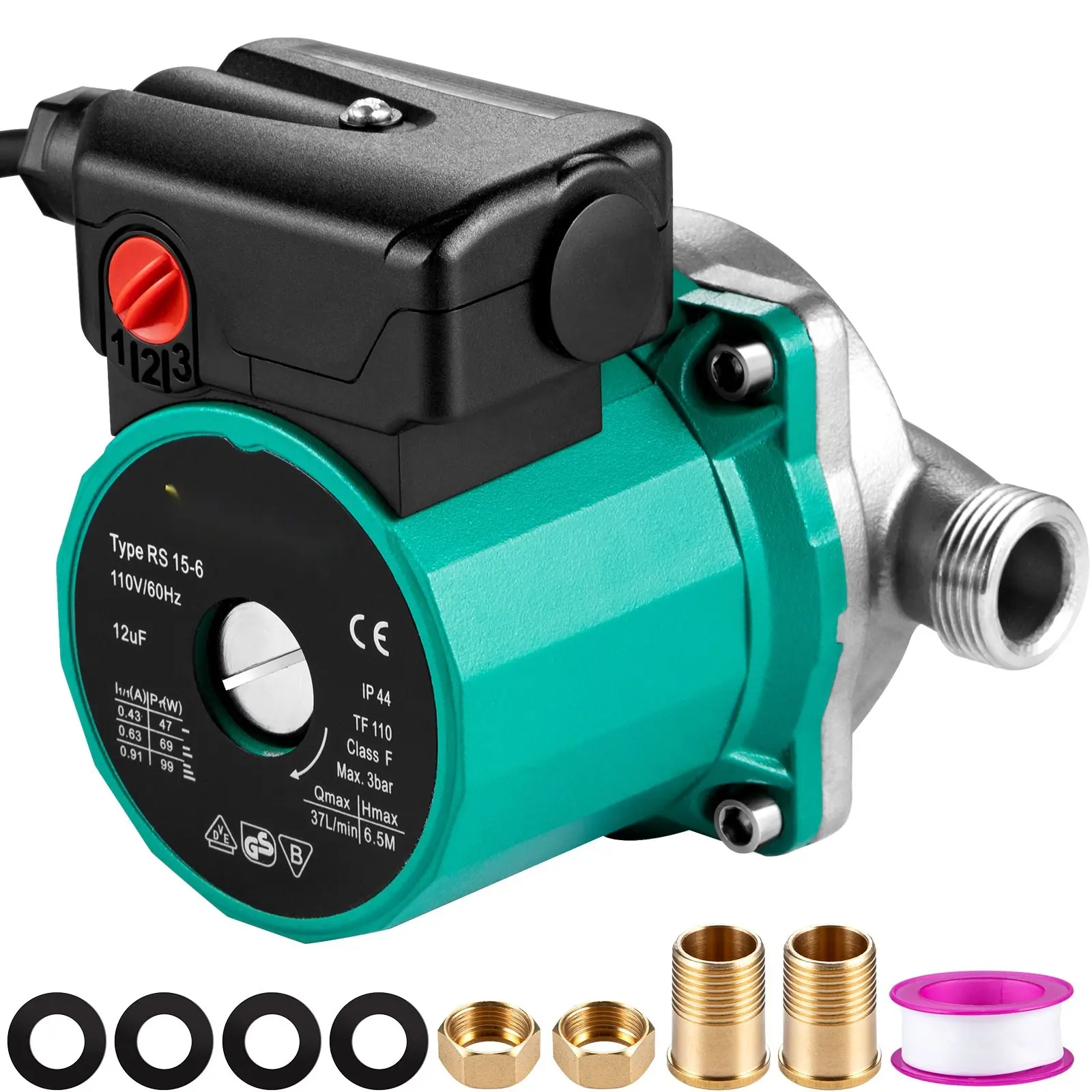 Hot Water Recirculating Pump 93W 110V Water Circulator Pump Circulation Pump 3/4 G Thread To 1/2 NPT Brass Adapter Stainless Steel Head 3 Speed Control For Electric Water Heater System Home Plumbing And Heating