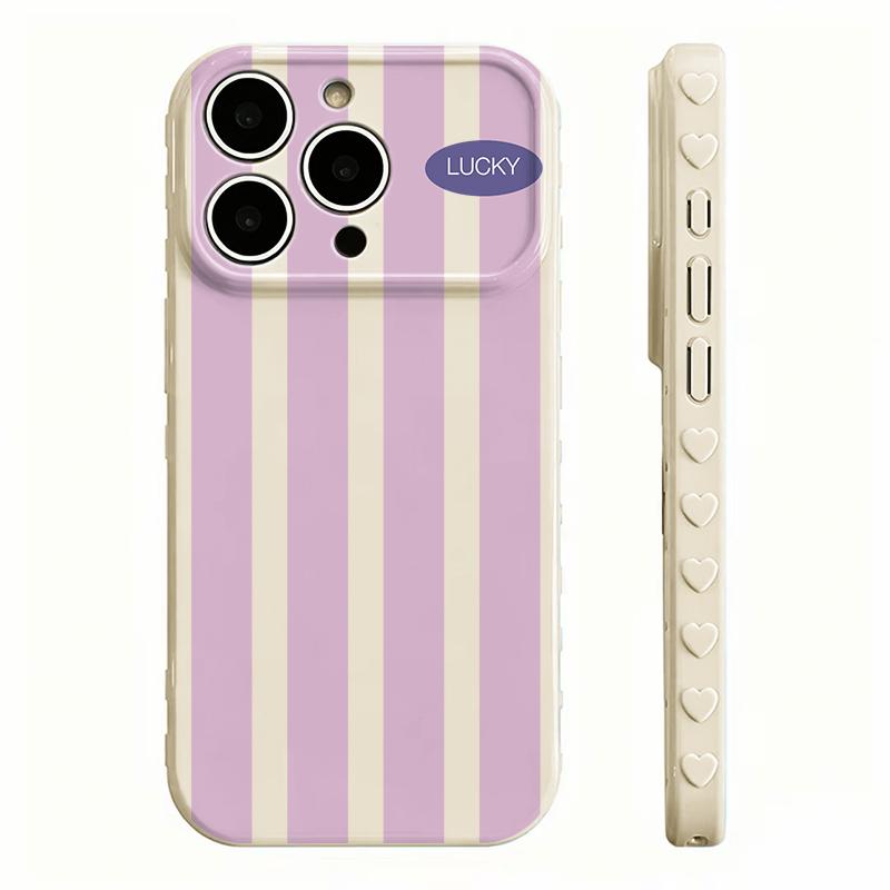 Color Block Stripe Lucky Slogan Phone Case - Premium Glossy Soft TPU-PC Composite Protective Cellphone Casing, Fingerprint Proof Soft Cover with Silky Non-Slip Skin-Friendly Surface, Side Embossed Heart Phone Decoration