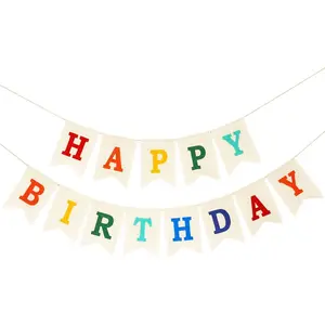 Burlap Happy Birthday Banner, Assembled Birthday Banner Sign Garland for Colorful Birthday Party Decorations