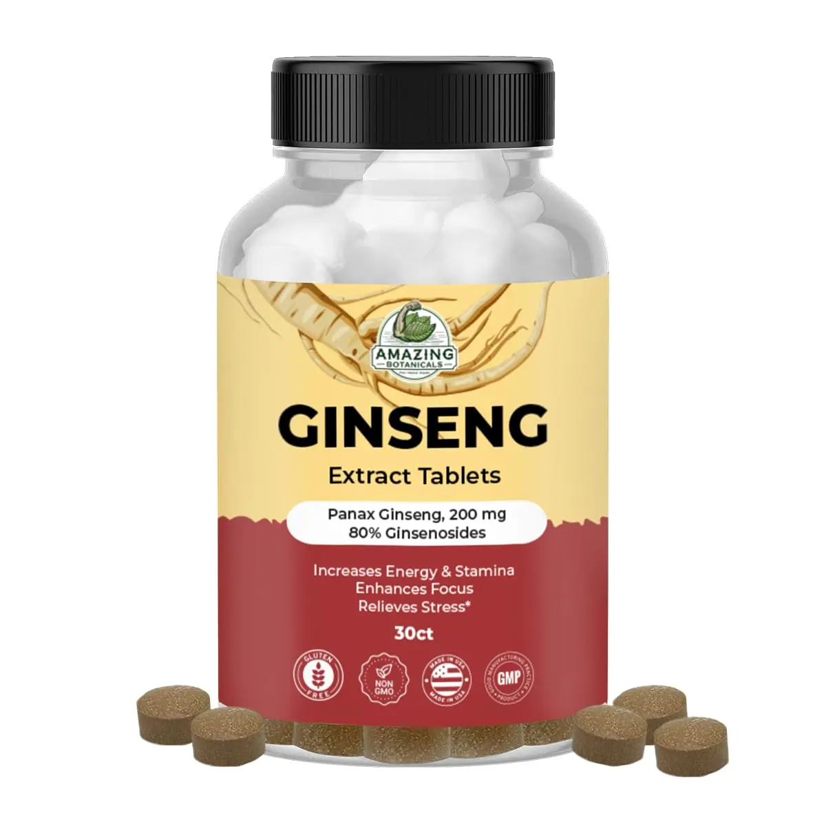 Amazing Botanicals Panax Ginseng Extract Dietary Tablets - Edible 200mg Lab-Tested Pure Extract with 80% Ginsenosides, Energy Boost, Cognitive Support, 30ct Natural Herbal Wellness Herbs Supplement